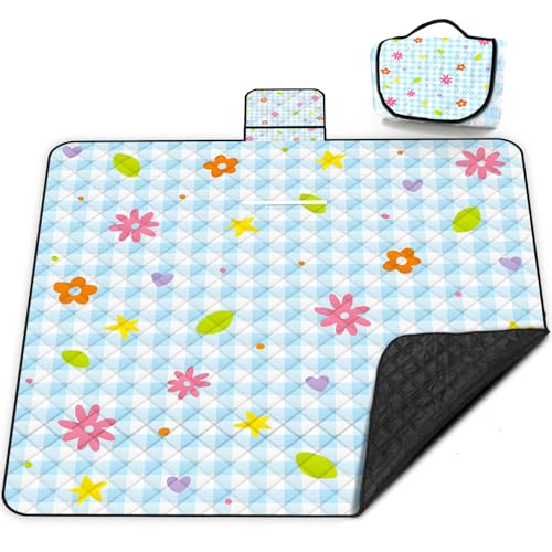 Extra Large Picnic Blanket Waterproof,80"x 80"Foldable Machine Washable Beach Blankets,Outdoor Blanket for 6-8 Adults,Picnic Mat Suitable for Indoor Crawling,Park Beach,Camping,Hiking,Travel( Flower) - color: Blue Flower, size: 6'8" x 6'8" (Square)