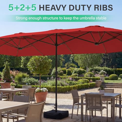 JEAREY 15ft Large Patio Umbrella with Base, Outdoor Rectangle Umbrella Double-Sided Market Umbrella with Stand for Pool, Deck, Backyard and Garden, Red - color: Red