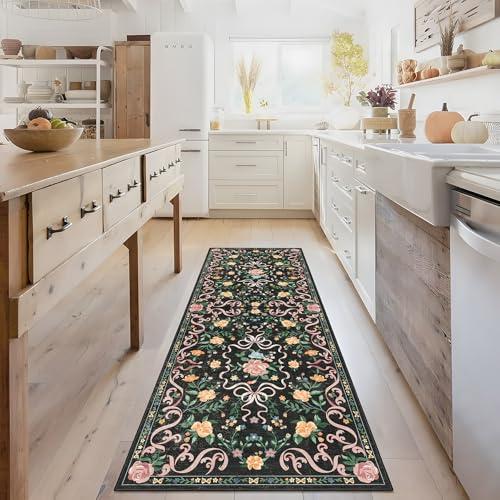 Washable Non-Slip Runner Rugs 2X6, Black Rug Boho Farmhouse Bow Floral Area Rug for Hallway Kitchen Bedroom Beside Laundry Room Bathroom Rug, Low Pile Stain Resistant Soft Floor Carpet - color: Aa#black(bow Floral), size: 2' x 6' (Rectangular)