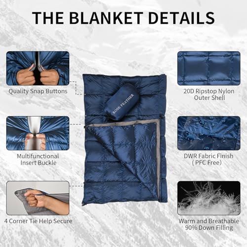 Down Camping Blanket - Lightweight, Packable, Warm & Puffy Outdoor Travel Quilt for Sleep, Hiking, Backpacking, Stadium, Festivals, Water-Resistant Sleeping Bag 55"x79" - color: Deep Sky Blue, size: 1LB 1.6OZ / 79" x 55"