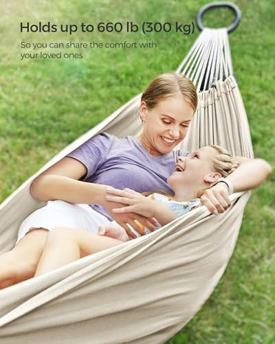 SONGMICS Double Hammock, 98.4 x 59.1 Inches, 660 lb Load Capacity, with Compression Bag, Mounting Straps, Carabiners, for Terrace, Balcony, Garden, Outdoor, Camping, Beige UGDC15M - color: Beige