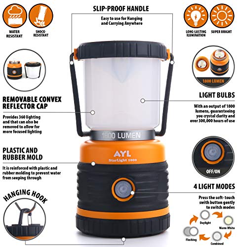 AYL LED Camping Lantern, Battery Powered LED 1800LM, 4 Camping Lights Modes, Perfect Lantern Flashlight for Hurricane, Emergency Light, Storm, Power Outages, Survival Kits, Hiking, Fishing, Tent, Home - size: 1 Pack