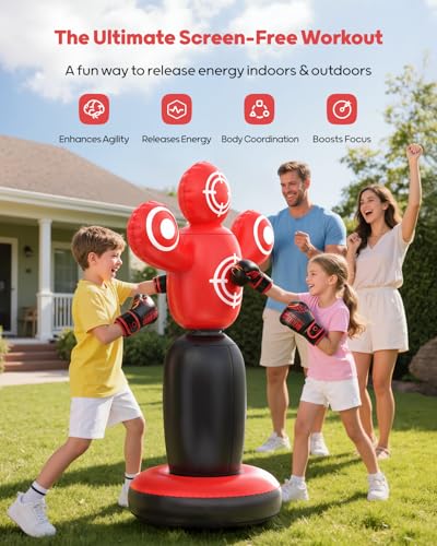 QPAU 360° Rotatable Kids Punching Bag - 64" Boxing Bag with 4 Targets & Kids Boxing Gloves, Inflatable Punching Bags with Hand Pump, Karate Taekwondo Training Christmas Birthday Gift Boys Girls