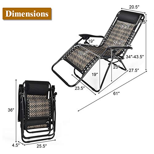 COSTWAY 2PCS Zero Gravity Lounge Chairs, Patio Rattan Recliner with Pillow, Lockable, Foldable & Lightweight, Suitable for Outdoor Use (Mix Gray) - color: Mix Gray