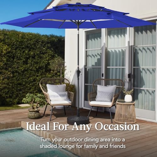 Best Choice Products 10ft 3-Tier Market Patio Umbrella, Outdoor Sun Shade with Tilt, Crank Lift, 8 Ribs for Backyard, Deck, Poolside - color: Resort Blue