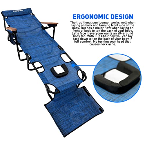 EASYGO PRODUCTS FLIP Face Down Tanning Chaise Lounge Chair with Face & Arm Holes - 4 Legs Support - Textilene Material - 6 Position - Arm Head Rest Pillow - Beach or Home Use - color: Flip Blue