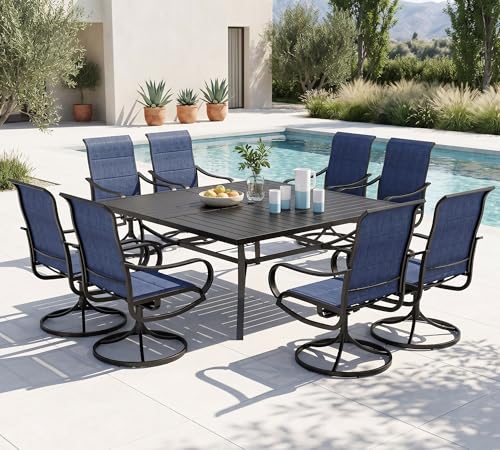 PHI VILLA 9 Pcs Outdoor Patio Dining Set, 8 Outdoor Padded Swivel Dining Chairs and Large Square Metal Dining Table, Outside Table and Chair Furniture Dining Set for 8 Person (Blue) - color: Blue Padded Fabric, size: 60"L x 60"W x 29"H-Metal-9 Piece