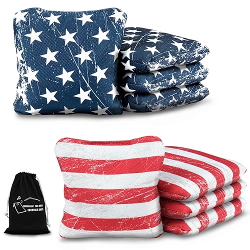 Professional Cornhole Bags Set of 8 - Dual Sided Stick & Slide (Suede/Woven) - Premium Resin Filled Regulation Weight & Size (6x6, 16oz) - Double Stitched Reinforced Seams with Carry Tote - color: Ameciana Patriot