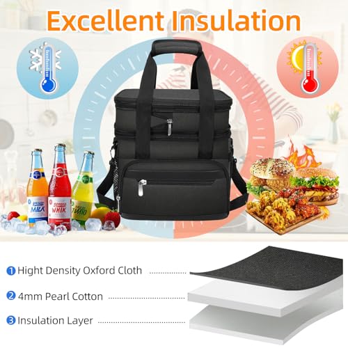 Insulated Lunch Box for Men & Women - Double Layer Leakproof Lunch Bag with Adjustable Shoulder Strap, Expandable Food Cooler for Work, Office, Travel, Camping (Black) - color: Black, size: Expandable Double