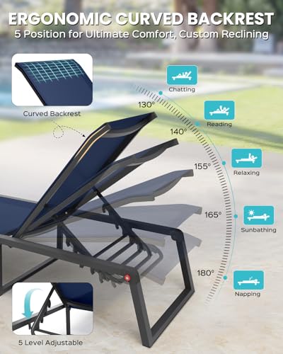 Aluminum Chaise Lounge Chair Outdoor, Foldable& No Assembly Patio Pool Lounge Chairs 5-Position Recliner for Outside, Fully Grounded Legs Sun Lounger for Poolside, Navy Blue, 2 Pack - color: Navy Blue, size: 2