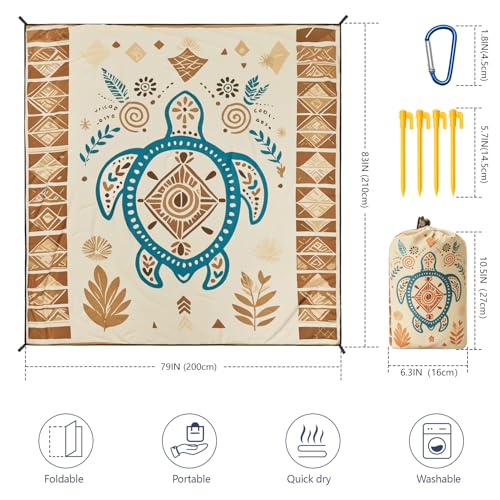 WIWIGO Beach Blanket Waterproof Sandproof Beach Mat 79" X 83"/10'x9'for 2-8 Adults Quick Drying Outdoor Picnic Mat Beach Accessories for Travel, Camping, Hiking - color: Beige Sea Turtle - Geometric, size: 79" X 83"（1-4person）