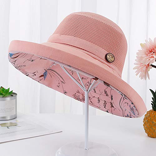 Women Mesh Sun Hats Summer Beach UV Protection UPF Packable Wide Brim Chin Strap - color: Pink