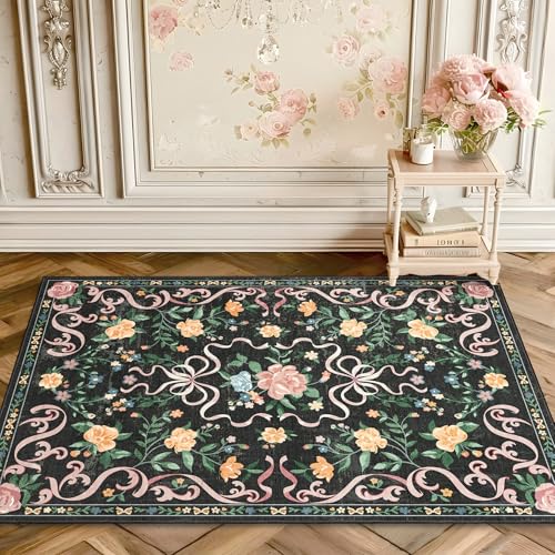 Black Rug Bow Floral Rug for Girls, 2x3 Washable Small Area Rug for for Entryway, Kitchen, Front Door Indoor Entrance, Non Slip Carpet for Bathroom Bedroom Living Room - color: Aa#black(bow Floral), size: 2' x 3' (Rectangular)