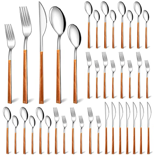 Coume 40 Pcs Wood Handle Silverware Set Stainless Steel Cutlery Set with Imitation Wood Grain Handle Silver Mirror Polished Dishwasher Safe for Household Kitchen Utensil Restaurant Hotel Party