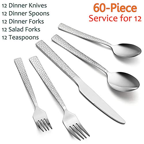 E-far 60-Piece Silverware Set, Hammered Stainless Steel Square Flatware Cutlery Set for 12, Tableware Set Eating Utensils for Home Kitchen Restaurant, Modern Design & Mirror Polished - Dishwasher Safe - size: 60-Piece for 12