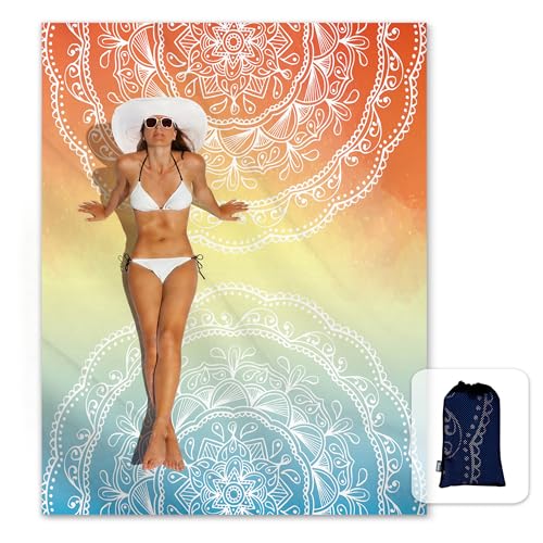 Sunlit Silky Soft Sand Proof Beach Blanket 106"x81" / 85"x72" Sand Proof Mat with Corner Pockets and Mesh Bag for Beach Party, Travel, Camping and Outdoor Music Festival, Mandala - color: Orange Blue, size: 85"x72"