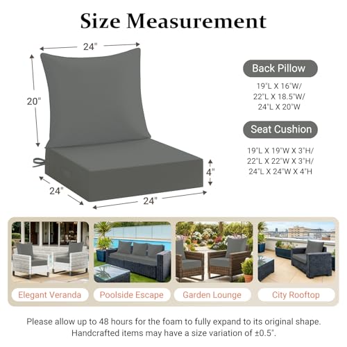 downluxe 24x24 Outdoor Chair Cushions, Waterproof Fade Resistant Patio Furniture Cushions with Handle & Removable Cover, Deep Seat Outdoor Cushions for Sofa, Couch and Patio Chairs, Dark Grey - color: Dark Grey, size: 24 x 24 Inch