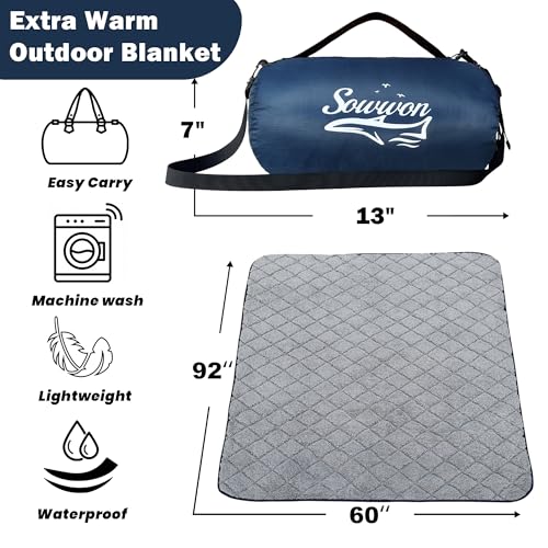 Waterproof Outdoor Blanket 92”X 60” Packable, Stadium Blankets for Camping with Sherpa Fleece Lining, Large Windproof Emergency Throw Mat for Garss Picnic Hiking Road Trip, Machine Washable, Navy - color: Sherpa Navy-300 Gsm, size: 92"x 60"