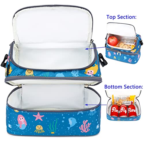 FlowFly Double Decker Cooler Insulated Lunch Bag Large Tote for Boys, Girls, Men, Women, With Adjustable Strap (Blue-Mermaid) - color: Blue-Mermaid