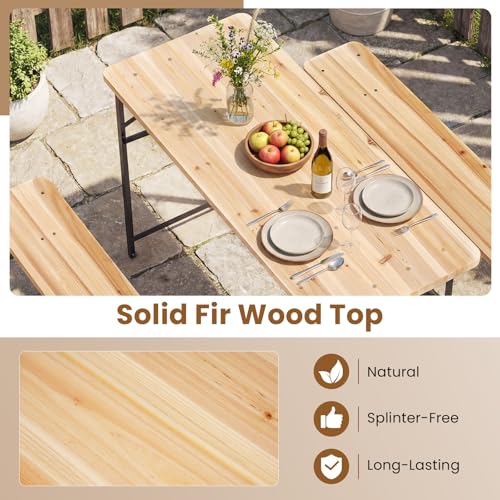 Giantex 3-Piece Folding Picnic Table with Benches Set, Solid Wood Camping Beer Table Bench Set with Metal Frame, Portable Patio Dining Furniture, Indoor & Outdoor Folding Table and Chairs for 4 (47'') - size: 47''