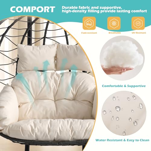 Double Outdoor Hanging Egg Chair with Stand & Oversized Cushion, 700LBS Capacity Heavy-Duty Patio Swing Hammock Chair, Thickened Metal Frame for Garden, Balcony, Bedroom (Beige, Grand) - color: Beige, size: Grand