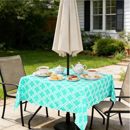 Poise3EHome Square Outdoor Tablecloth with Umbrella Hole and Zipper,Aqua Blue 60x60 Inch,Polyester SpillProof Washable Table Cloth for Spring Summer Patio Garden Poolside Picnic Camping BBQS - color: Aqua Blue, size: 60" x 60" (Square)