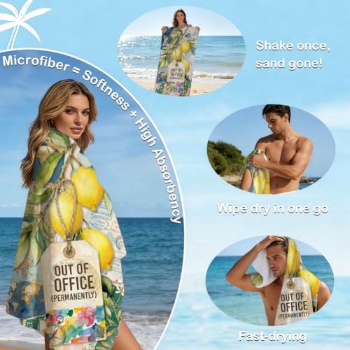 Oversized Microfiber Beach Towel Sand Free Quick Dry, 31.5" x 63" Large Travel Towel, Vintage Style Lemon Branch Out of Office Print, Extra Absorbent Beach Blanket for Adults - size: 31.5 x 63 inches