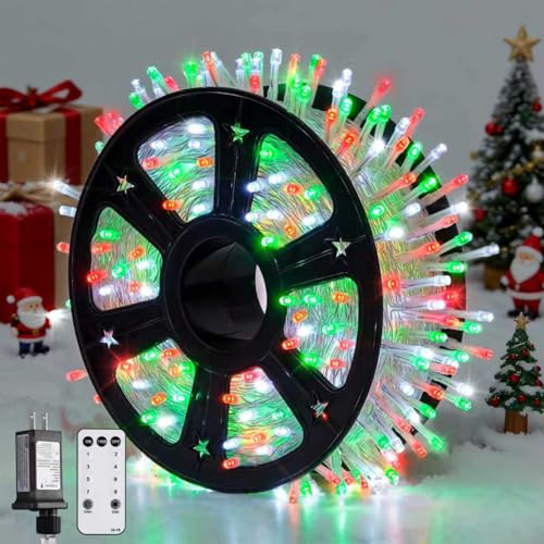 JMEXSUSS 600 LED Christmas String Lights Outdoor, Red White and Green Lights Clear Wire, Christmas Tree Twinkle String Lights Plug in for Tree Xmas Decorations - color: Red White and Green, size: 600 LED
