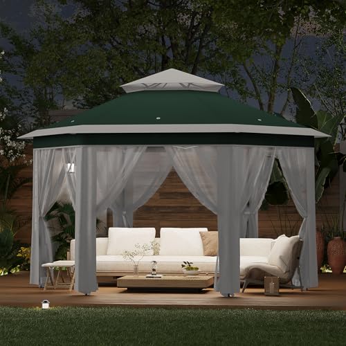13X13 Pop Up Gazebo,Outdoor Canopy Tent with Mosquito Netting, Double Vented Roof Sun Shelter with Adjustable Heights,Outdoor Gazebo for Backyard & Patio Furniture.(Green with Beige-Hexagonal). - color: Green with beige