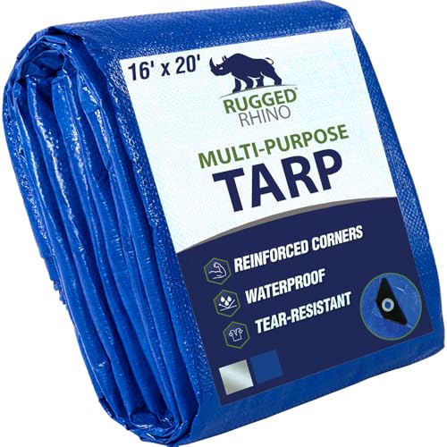 RUGGED RHINO Heavy Duty Waterproof Tarp, 16x20, UV and Tear Resistant Cover with Reinforced Grommets and Corners, Outdoor Multipurpose Tarps for Camping, Patio, Garden, Car & Roof, 5 Mil, 1 Pack, Blue - color: Blue, size: 16' X 20'