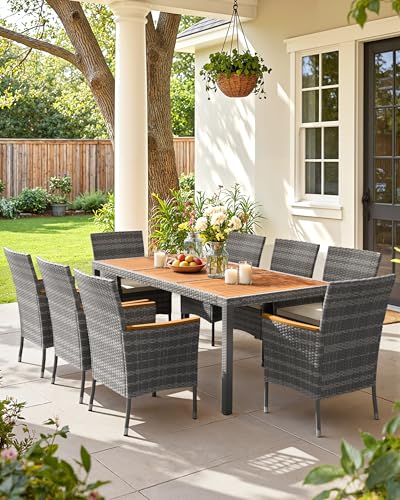 Flamaker 9 Piece Patio Dining Set Outdoor Acacia Wood Table and Chairs with Soft Cushions Wicker Patio Furniture for Deck, Backyard, Garden (Grey) - color: Grey, size: 9 Piece