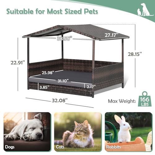Wicker Dog Bed House, Indoor Outdoor HDPE Rattan Dog Houses, Raised Dog Cot Pet House, Elevated Pets Sofa w/Washable Cover, Waterproof Roof Shelter, Removable Cushion Lounge - style: Grey