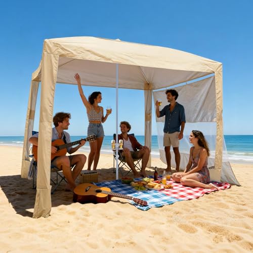 VEVOR Beach Cabana, 8 x 8 ft Beach Canopy with Side Wall, UPF 50+ Protection Easy Setup Cabana Tent with Sand Pockets, Adjustable Height Portable Shade Sun Shelter Umbrella for Family & Friends, Khaki - color: Khaki, size: 8*8