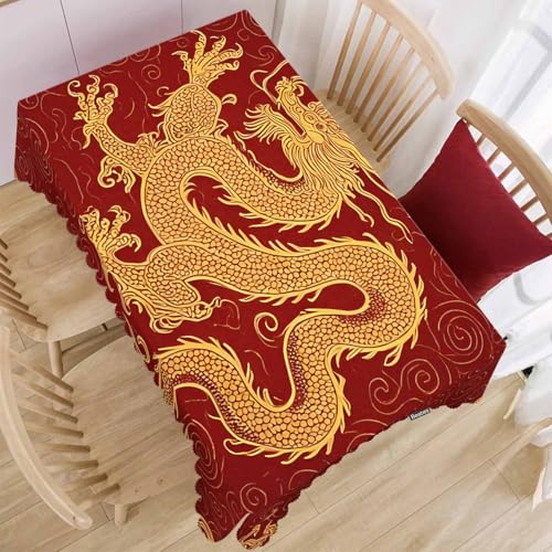 Dragon Decorative Tablecloth, Chinese Dragon Golden Red Kitchen Table Cover Oblong 52"X70" Tablecloths Dining Table Cloth Decor for Buffet Parties Patio and Camping - color: Dragon