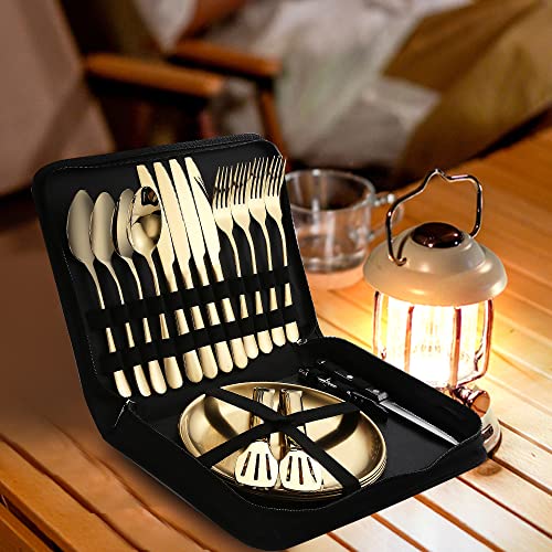 Picnic Dishes Utensils Gold Camping Flatware Set for 4 Portable Dinnerware Plates Silverware Forks Spoons knives Bottle Opener Food Tongs Complete Kit with Zipper Bag - size: 20, style: Gold Camping Flatware