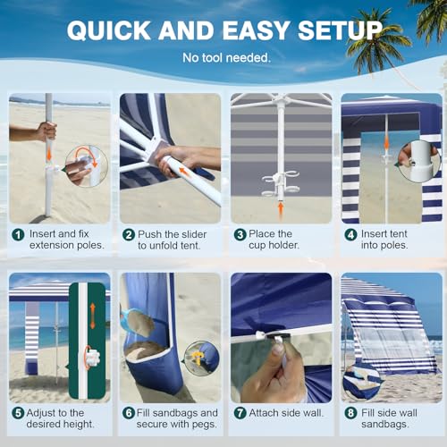 Rhino Valley Beach Cabana, 8 * 8FT Beach Tent UPF50+ Protection, Easy Setup Beach Canopy Wind Resistant with Cup Holder, Compact Beach Shade Foldable Beach Tent Sun Shelter, Blue Stripes - color: Blue Stripes