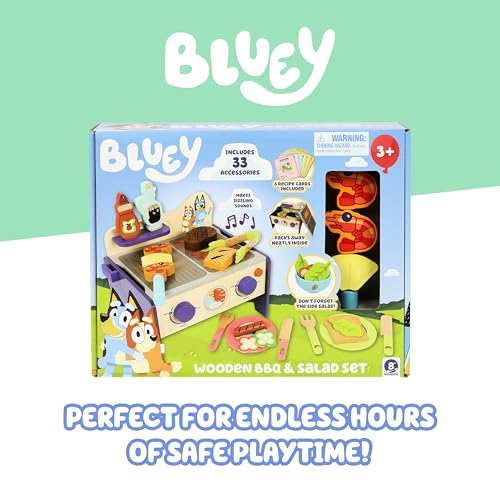 Bluey 8th Wonder Wooden Salad & BBQ Grill Toy Set, 33-Piece Play BBQ Food Set with Tongs, Food, and 6 Recipe Cards, Kitchen Toys for Kids Ages 3+ - style: BBQ Grill Set