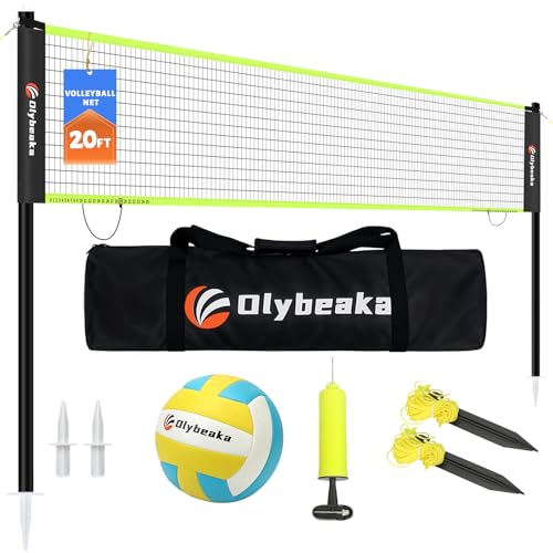 20FT Outdoor Volleyball Net Set System for Backyard Beach with Anti-Sagging Net, Iron Adjustable Height Poles, Soft PU Volleyball and Pump, Carry Bag - Instant Set Up & Durable - color: Black and Green