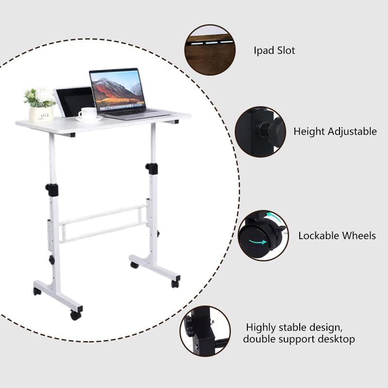 Portable Standing Desk Adjustable Height 27.5"-43.3", Small Computer Desk with Wheels, Foldable Home Office Desk, Folding Table for Laptop, Rolling Desk for Small Space, White
