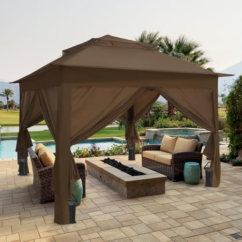 COOS BAY 11x11 Pop Up Gazebo with 4 Sidewalls, Instant Outdoor Canopy Tent with UPF 50+ UV Protection, Water Resistant Shelter with Carry Bag, Stakes & Ropes, Brown - color: Brown