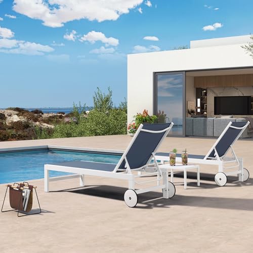 PURPLE LEAF Outdoor Chaise Lounge Chairs Set of 2 White Aluminum Lounge Chair Five-Position Adjustable Chaise with Wheels and Table for Pool Deck Patio, Indigo - color: Indigo, style: Standard Straight-leg