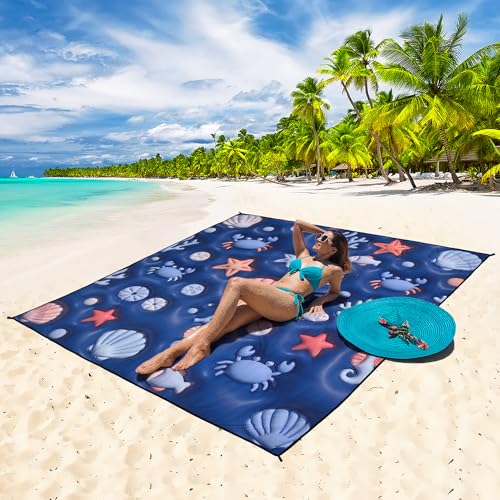 WIWIGO Beach Blanket Waterproof Sandproof Beach Mat 79" X 83"/10'x9'for 2-8 Adults Quick Drying Outdoor Picnic Mat Beach Accessories for Travel, Camping, Hiking - color: 3d - Ocean Deep Blue, size: 79" X 83"（1-4person）