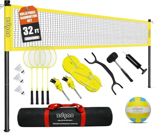 Zdgao Volleyball and Badminton Combo Set for Backyard - 20FT/32FT Volleyball/Badminton Net with Adjustable Height Pole,Anti-Sag System,Volley Ball, Badminton Racquets,Boundary Line and Carry Bag - color: Yellow, style: 32FT Volleyball/Badminton Net