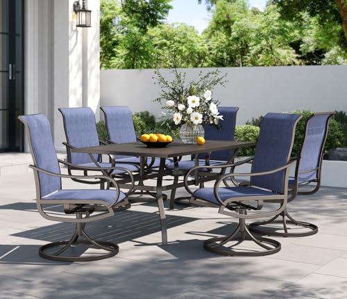 PHI VILLA 7 Piece Outdoor Patio Dining Set, Large Metal Table (1.57'' Umbrella Hole) and 6 Swivel Dining Chairs with Textilene Mesh Fabric, All Weather Patio Furniture Set for Deck Lawn Garden (Blue) - color: Blue Fabric, size: 60"L x 38"W x 28"H-7 Piece-
