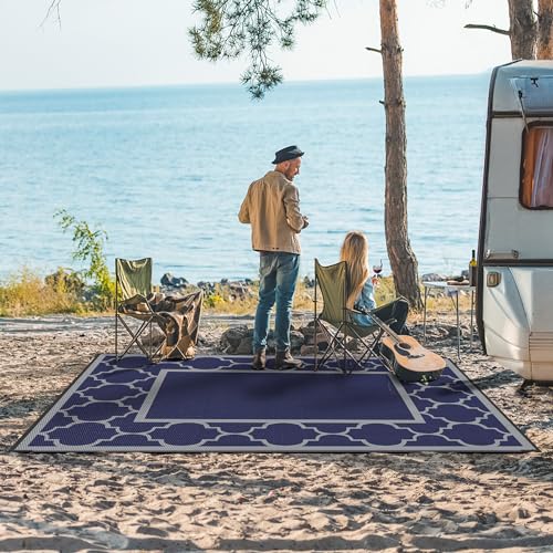 GENIMO Outdoor Rug 9' x 12' Patio Waterproof, Foldable Reversible Plastic Straw Area Rugs Mat for Camper Decor, Outside Carpet for Rv, Deck, Porch, Picnic, Beach, Balcony, Blue & Grey - color: Blue & Grey, size: 9' x 12' (Rectangular)