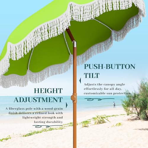 AreShark 7ft Patio Umbrella with Fringe, UPF50+ Beach Umbrella for Table, Pool & Garden, Portable Outdoor Tassels Umbrella w/Fiberglass Ribs&Push Bottom Tilt(Apple Green) - color: Apple Green, size: 7FT