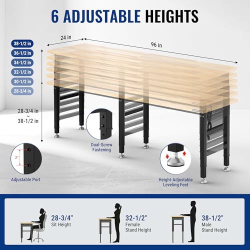 WORKPRO 96x24" Heavy-Duty Adjustable Workbench, 4000LBS Load Capacity Work Table with Power Outlet & Pegboard, Rubber Wood Top Workstation with Leveling Foot for Garage, Workshop - size: 8FT workbench