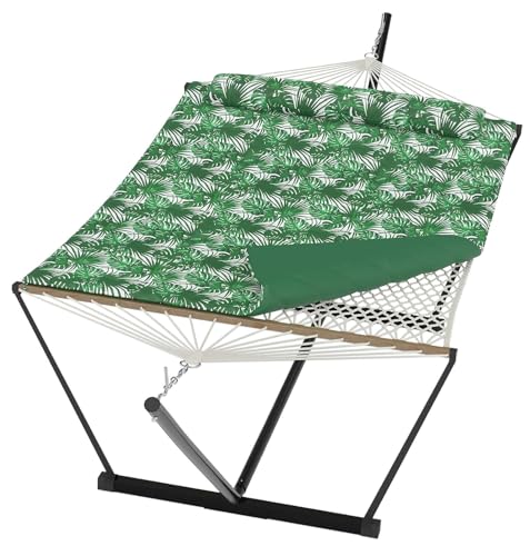 Garvee Double Hammock with Stand for Outdoor, Portable Hammock with Soft Pillow, Balance Ropes, for Patio, Garden, Backyard, Beach - color: Green With Leaves Pattern