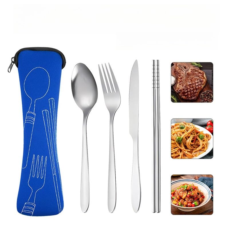4-piece Cutlery Set, Rust-resistant Stainless Steel Utensils, Suitable for Travel, Camping, Picnics, Work, and Hiking (Navy Blue) - color: Navy Blue