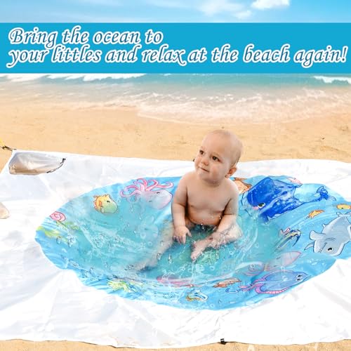 Portable Square Baby Beach Pool, 6.5 X 6.5 Feet Marine Cartoon Animals Toddler Puddle Pool Blue 2 in 1 Childs Beach Blanket and Kiddie Pools Flexible Kids Beach Pools with Carrying Bag for Boys Girls - size: Ocean Theme Diameter 2m / 6.5ft